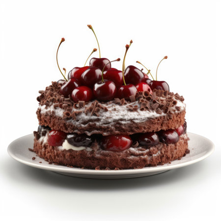 Delicious German Black Forest Cake on a Plate Isolated on White Background. Generative AIの素材