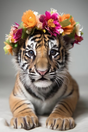 Adorable Baby Tiger with Flower Crown Looking at Me on White Background. Generative AIの素材