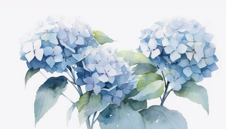 Cool Blue Hydrangea Cluster in Contemporary Style Isolated on White Background. Generative AIの素材
