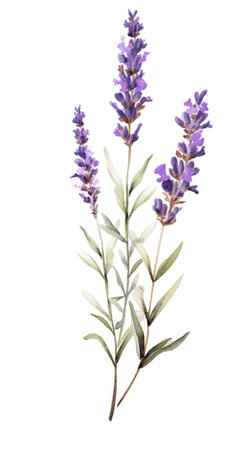 Modern Style Lavender Sprig on White Background in Watercolor. Generative AIの素材