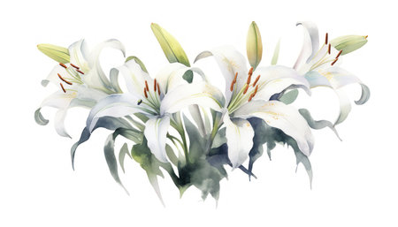 Modern Style Lily Collection on Crisp White Background in Watercolor. Generative AIの素材