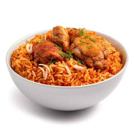 Delicious Nigerian Chicken in a Bowl on White Background. Generative AIの素材