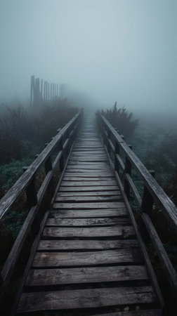 Mysterious Old Wooden Bridge in the Fogの素材