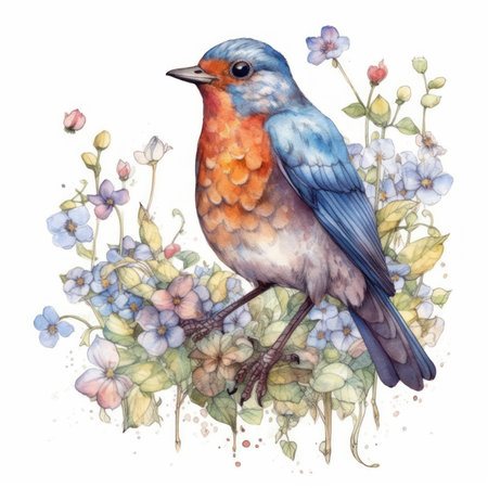 Robin Illustration Surrounded by Colorful Flowers in Vibrant Colors on White Background. Generative AIの素材