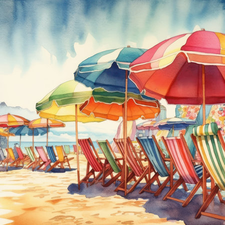 Vibrant Beach Scene with Colorful Umbrellas and Chairs. Generative AIの素材