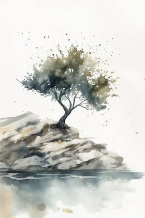 Lonely Olive Tree on Rocky Beach: A Minimalistic Watercolor Painting. Generative AIの素材