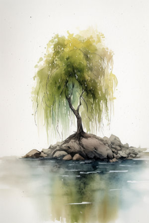 Lonely Willow Tree on Rocky Beach in Watercolor Style Painting. Generative AIの素材