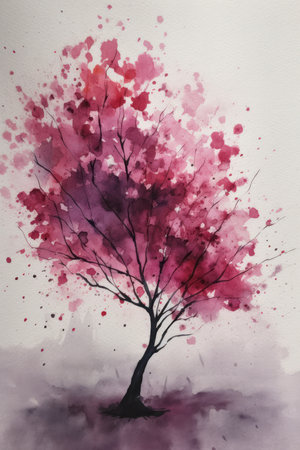 Watercolor Style Redbud Tree Painting with Minimalistic Design. Generative AIの素材