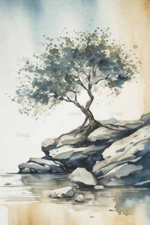 Lonely Olive Tree on Rocky Beach: A Minimalistic Watercolor Painting. Generative AIの素材