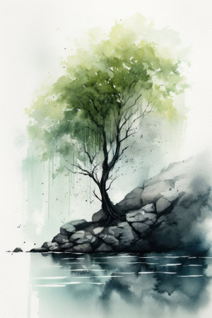 Lonely Willow Tree on Rocky Beach in Watercolor Style Painting. Generative AIの素材