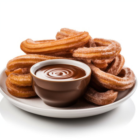 Delicious Spanish Churros with Sugar and Cinnamon on a Plate. Generative AIの素材