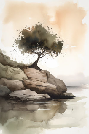 Lonely Olive Tree on Rocky Beach: A Minimalistic Watercolor Painting. Generative AIの素材