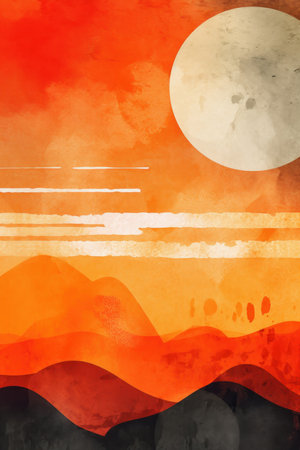 Orange Retro Sunset Abstract Watercolor Painting. Generative AIの素材