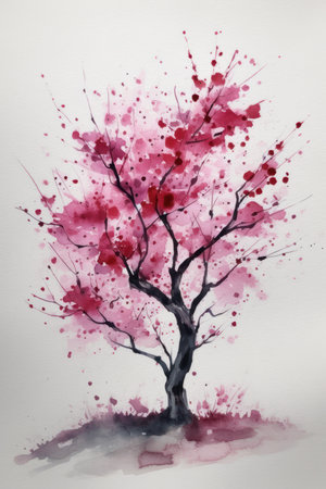 Minimalistic Redbud Tree Watercolor Paintingの素材