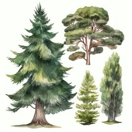 Cedar Tree Forest Watercolor Collection. Generative AIの素材