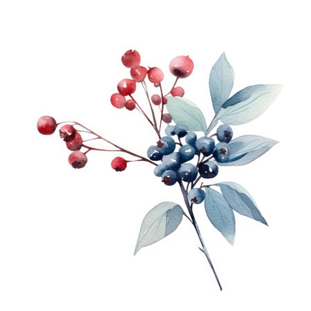 Elegant Watercolor Flower Print with Berries in Light Cyan and Dark Blue Compositions. Generative AIの素材