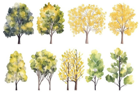 Hand-Drawn Watercolor Ginkgo Trees Collection: Set of Ginkgo Trees in a Forest. Generative AIの素材