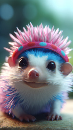 Colorful Hedgehog with a Headband in Animated Style. Generative AIの素材