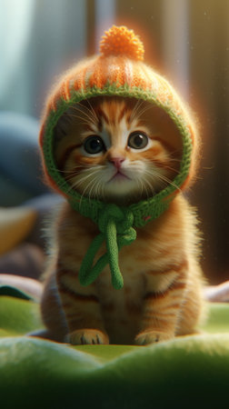 Adorable Kitten in Colorful Bonnet - Perfect for Children's Book Illustrations. Generative AIの素材