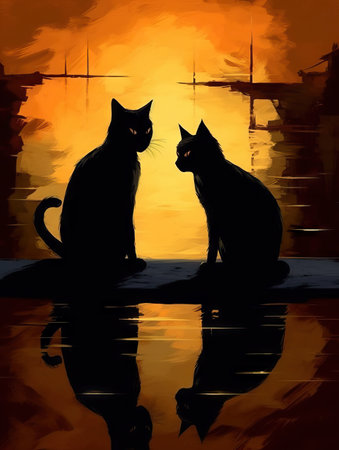 Mysterious Black Cats under the Halloween Moon. Generative AIの素材