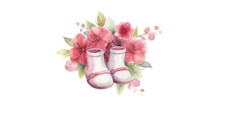 Sweet Baby Girl Birth Announcement with Watercolor Booties on White Background. Generative AIの素材