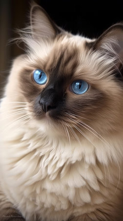 Adorable Ragdoll Cat with Blue Eyes in Dark Beige and Sky-Blue Style. Generative AIの素材