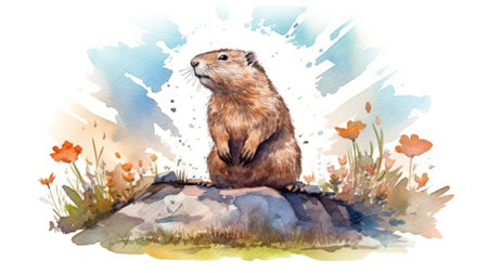 Groundhog Day Illustration: Clean Lines on White Background with Watercolor Groundhog and Sun. Generative AIの素材