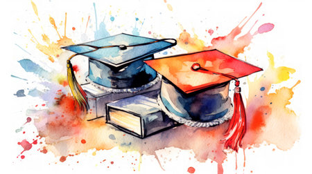 Celebrate Your Graduation with Clean Lines and Watercolor Diploma and Cap Illustration on White Backgroundの素材