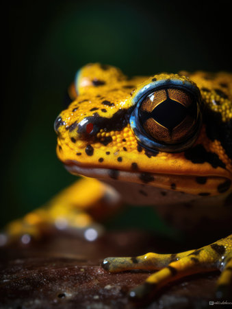 Vibrant Macro Nature: Backlit Amphibian with Yellow Body and Blue Eyesの素材