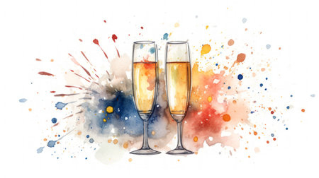 Celebrating the New Year with Watercolor Fireworks and Champagne. Generative AIの素材
