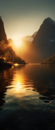 Serene Golden Hour Lighting over Majestic Fjord and Mountains. Generative AIの素材