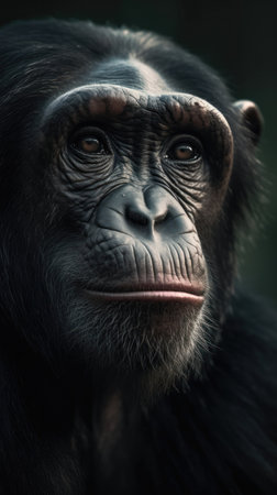 Melancholic Chimp with Expressive Eyes in Dramatic Lighting. Generative AIの素材