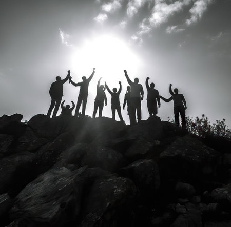 Reaching for the Summit: Silhouettes of People on a Mountain. Generative AIの素材