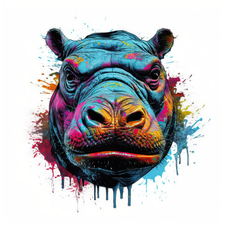 Colorful Hippopotamus Head in Dark Bronze and Azure Neonpunk Style. Generative AIの素材
