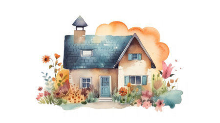Clean and Cute Watercolor Housewarming Illustration on White Backgroundの素材