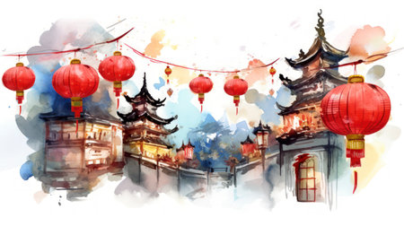 Clean Watercolor Illustration of Chinese New Year with Lanterns and Dragon on White Backgroundの素材