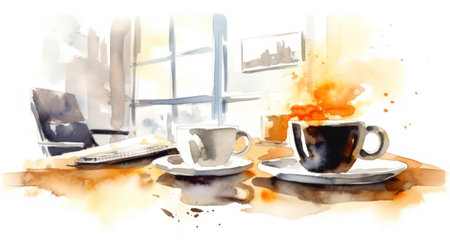 Boss's Day Watercolor Illustration of Office Desk with Coffee Cup on Clean White Backgroundの素材