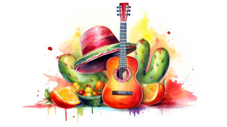 Festive Cinco de Mayo Watercolor Illustration with Sombrero and Maracas on White Backgroundの素材