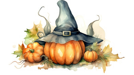 Whimsical Halloween Watercolor Illustration with Witch Hat, Pumpkin, and Bat on White Background. Generative AIの素材