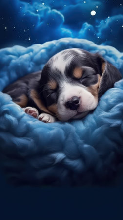 Sleeping Puppy on a Cloud: Realistic Animal Portrait in Dark Sky. Generative AIの素材