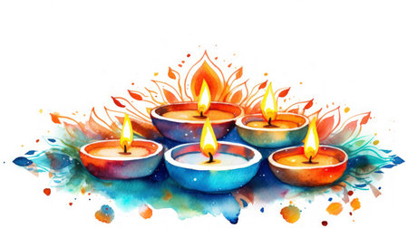 Clean Watercolor Diwali Greeting Illustration with Diyas and Fireworks on White Background. Perfect for festive celebrations. Generative AIの素材