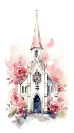 Watercolor Wedding Invitation with Chapel and Rose Embellishments. Generative AIの素材