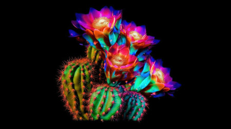 Neon Cactus Illuminated in Multicolor Bioluminescence at Night in the Desert. Generative AIの素材