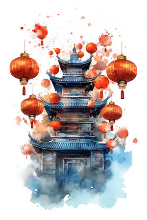 Chinese New Year Watercolor Illustration with Lanterns and Dragon on White Background. Generative AIの素材