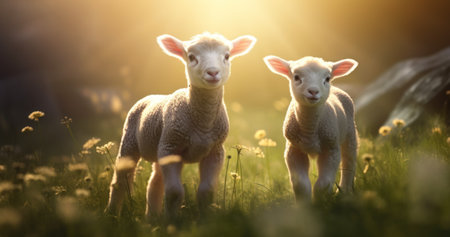 Adorable Baby Lambs Grazing in a Lush Green Field AI Generatedの素材