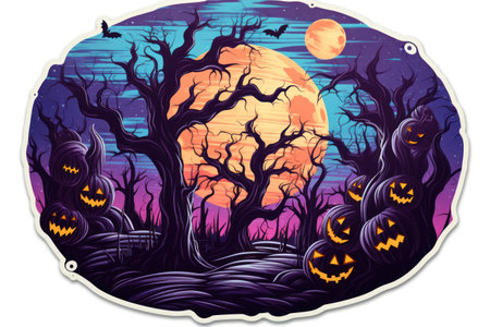 Spooky Halloween Stickers with Haunted Trees on White Background AI Generatedの素材