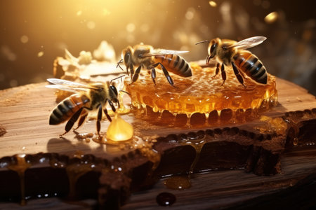 Busy Bees Enjoying Sweet Honey on a Rustic Wooden Board AI Generatedの素材