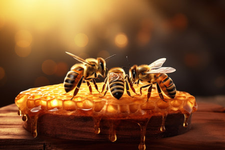 Busy Bees Enjoying Sweet Honey on a Rustic Wooden Board AI Generatedの素材