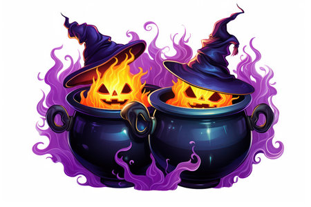 Spooky Halloween Stickers with Witch Cauldrons on White Background AI Generatedの素材