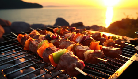Grilling Healthy Skewers Outdoors at Sunset AI Generatedの素材